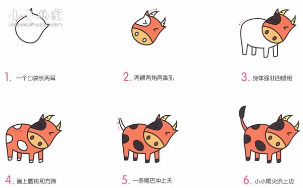 卡通小牛简笔画画法图片步骤 - www.chuantongba.top