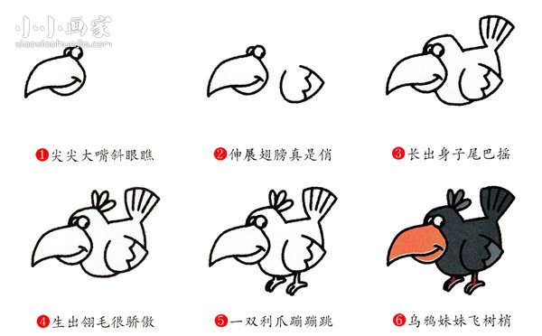 彩色卡通乌鸦简笔画画法图片步骤- www.chuantongba.top