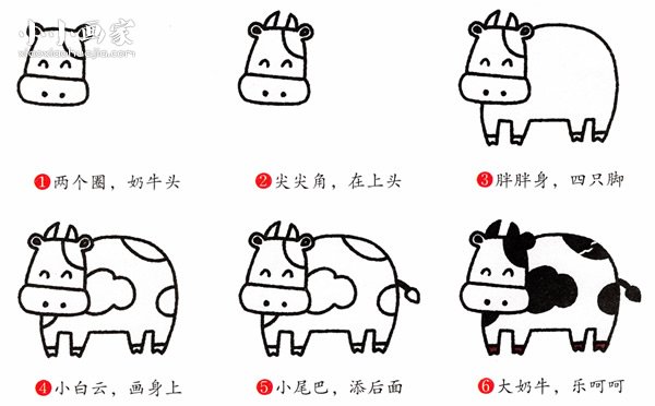 笑眯眯奶牛简笔画画法图片步骤- www.chuantongba.top