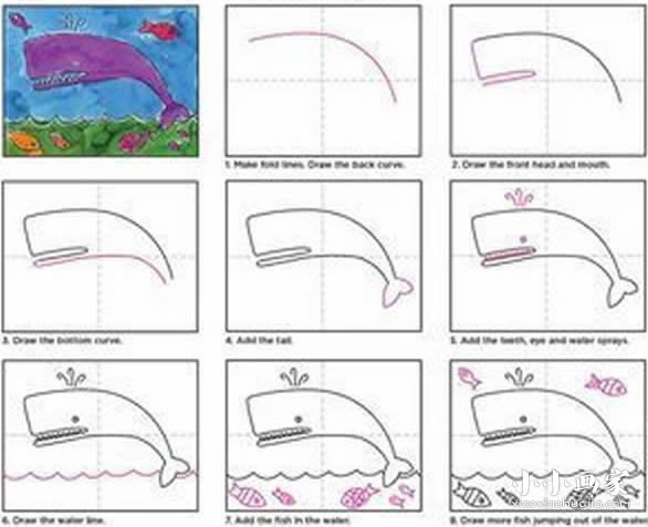 跃出水面的大鲸鱼简笔画画法图片步骤- www.chuantongba.top