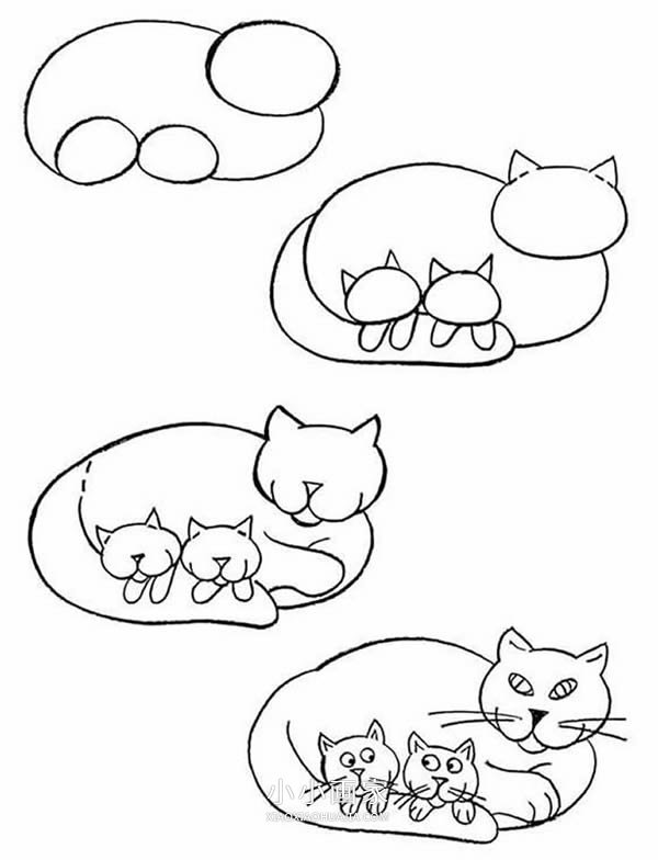 猫妈妈和猫宝宝简笔画画法图片步骤- www.chuantongba.top